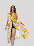 Retrobird Tasarım Desenli Uzun Kimono Kadın Hardal