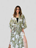 Retrobird Tasarım Desenli Uzun Kimono Kadın Haki