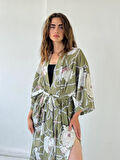 Retrobird Tasarım Desenli Uzun Kimono Kadın Haki