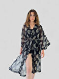 Retrobird Tasarım Çiçek Desenli Uzun Kimono Kadın Siyah