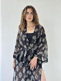 Retrobird Tasarım Çiçek Desenli Uzun Kimono Kadın Siyah