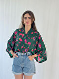 Retrobird Tasarım Şifon Mini Kimono Kadın Koyu Yeşil