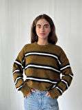 Retrobird Şardonlu Çizgili Triko Kazak Kadın Tütün Rengi