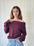 Retrobird Omuz Dekolteli Straplez Katlamalı Triko Kazak Kadın Bordo