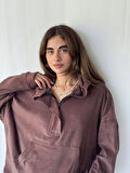 Retrobird Havlu Kumaş Oversize Kapüşonlu Sweatshirt Kadın Mürdüm