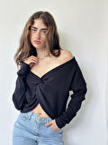 Retrobird Uzun Kollu Önü Düğümlü Crop Bluz Kadın Siyah