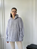 Retrobird Polar ve Velur Karışımlı Kalın Kışlık Oversize Kapüşonlu Sweatshirt Unisex Gri