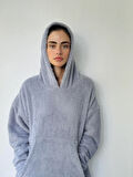 Retrobird Polar ve Velur Karışımlı Kalın Kışlık Oversize Kapüşonlu Sweatshirt Unisex Gri