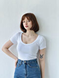 Retrobird Kaşkorse Hafif V Yaka Badi Crop Kadın Ekru