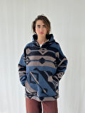 Retrobird Kalın Kaşe Kışlık Oversize Kapüşonlu Sweatshirt Unisex İndigo