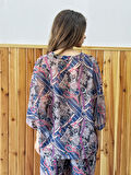 Retrobird Tasarım V Yaka Şifon Kimono Gömlek Kadın Mürdüm
