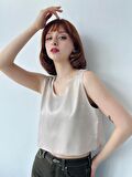 Retrobird Crop Basic Saten Atlet Bluz Kadın Krem
