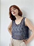 Retrobird Crop Dantel Basic Atlet Bluz Kadın Lacivert