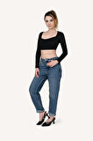 Kutaf Kadın Yüksek Bel Mom Jean Mavi Kot Pantolon