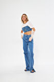 Buz Mavisi Yüksek Bel Wide Leg Geniş Yırtmaçlı paça Jean