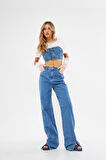 Buz Mavisi Yüksek Bel Wide Leg Geniş Yırtmaçlı paça Jean