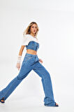 Buz Mavisi Yüksek Bel Wide Leg Geniş Yırtmaçlı paça Jean