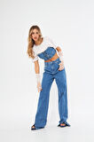 Buz Mavisi Yüksek Bel Wide Leg Geniş Yırtmaçlı paça Jean