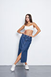 Mavi Önden Yırtmaçlı Midi Boy Denim Etek