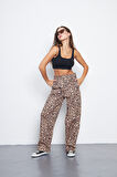 Leopar Desen Yüksek Bel Likralı Wide Leg Pantolon