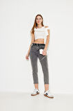 Antrasit Yıkamalı Yüksek Bel Rahat Kalıp Mom Jean Kadın Pantolon