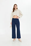 Lacivert Wide Leg Geniş Paça Çırt Çırt Kapamalı  Pile Detaylı Yüksek Bel Dokuma Kumaş Pantolon