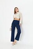 Lacivert Wide Leg Geniş Paça Çırt Çırt Kapamalı  Pile Detaylı Yüksek Bel Dokuma Kumaş Pantolon