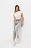 Antirist açık gri İki Renkli Yüksek Bel Mom Jeans