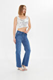 Mavi Yüksek Bel Kar Yıkama Likralı Geniş Paça Palazzo Jeans