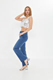 Mavi Yüksek Bel Kar Yıkama Likralı Geniş Paça Palazzo Jeans