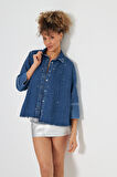 Koyu Mavi Yarasa kollu Taş detaylı Jean gömlek