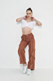 Camel Kargo Cepli Dikiş Detaylı Yüksek Bel Wide Leg Pantolon