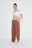 Camel Kargo Cepli Dikiş Detaylı Yüksek Bel Wide Leg Pantolon