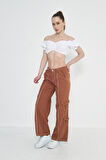 Camel Kargo Cepli Dikiş Detaylı Yüksek Bel Wide Leg Pantolon