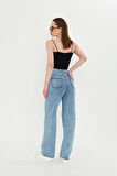Orta Mavi Yüksek Bel Likralı Kadın Palazzo Jean Kot Pantolon