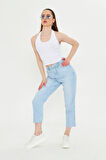 Acık Mavi Mom Kalıp Paçası Kesik Jean