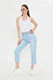 Acık Mavi Mom Kalıp Paçası Kesik Jean