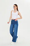 Koyu Mavi Yıkamalı Yüksek Bel straight Fit Jean Mavi