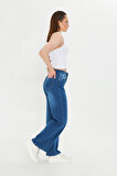 Koyu Mavi Yıkamalı Yüksek Bel straight Fit Jean Mavi