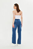 Koyu Mavi Yıkamalı Yüksek Bel straight Fit Jean Mavi