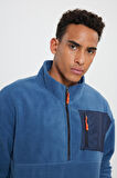 Erkek Indigo Oversize Bol Kesim Bato Yaka Cep Detaylı Fermuarlı Isı Tutan Polar Sweatshirt