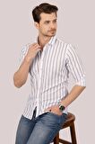 Beyaz Lacivert Çizgili Slimfit   Gömlek