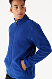 Erkek Saks Mavi Anti-pilling Tüylenme Yapmayan Standart Fit Bato Yaka Sweatshirt Polar Ceket
