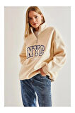 Kadın Dik Yaka Fermuar Önü Nakışlı Oversize 3 İplik Şardonlu Unisex Sweatshirt