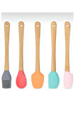 Periboia 5&amp;#39;li Renkli Ahşap Saplı Silikon Uçlu Spatula Fırçalı Kaşık Seti -Yemek Hazırlık Seti 21 Cm