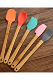 Periboia 5&amp;#39;li Renkli Ahşap Saplı Silikon Uçlu Spatula Fırçalı Kaşık Seti -Yemek Hazırlık Seti 21 Cm