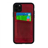 iPhone 13 Hakiki Deri Kapak Back Cover Kartlıklı Telefon Kılıfı Kırmızı