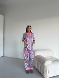 Muah Space Cowgirl Kadın Saten Pijama Takımı Uzay ve Kovboy Desenli Kısa Kollu Mor
