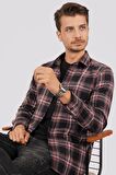 Bordo Beyaz Çizgili Slimfit Oduncu Gömlek