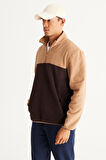 Erkek Sutlu Kahve-kahve Standart Fit Normal Kesim Günlük Rahat Çift Renkli Polar Spor Sweatshirt